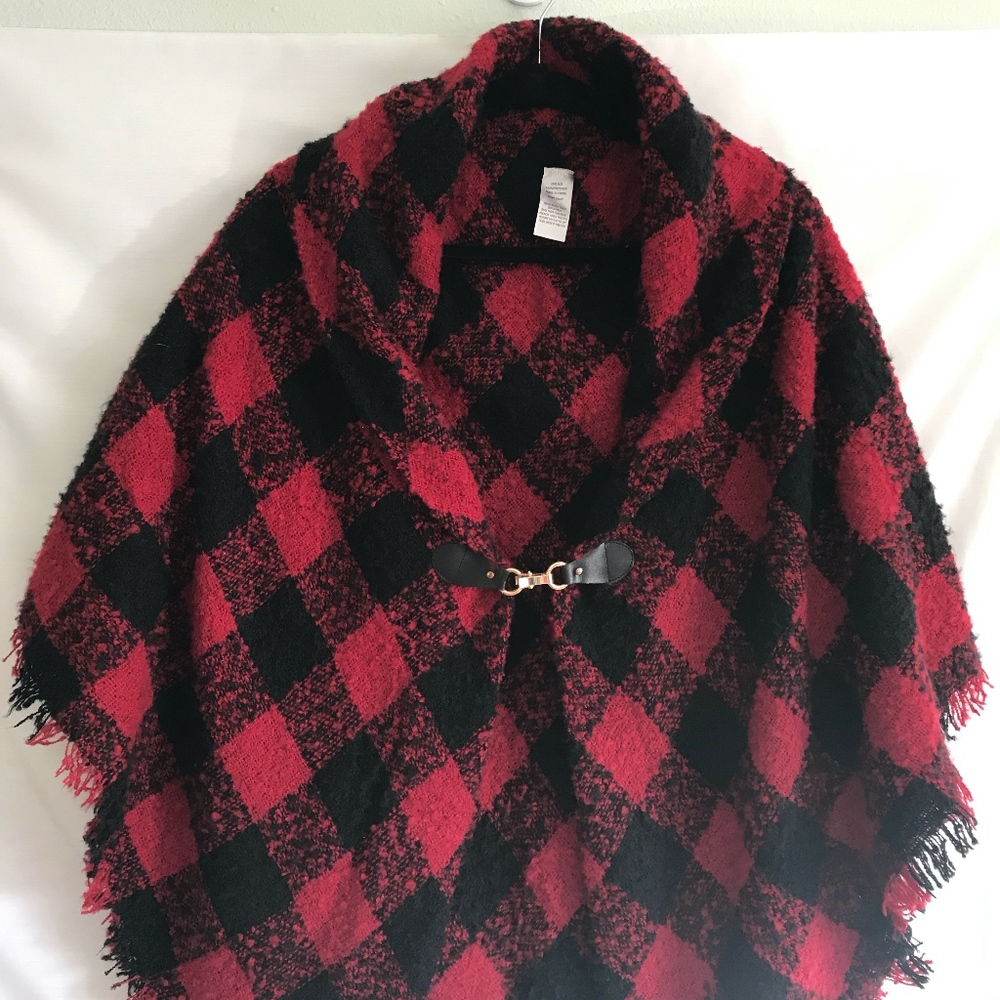 Red and Black Buffalo Check Poncho Wrap